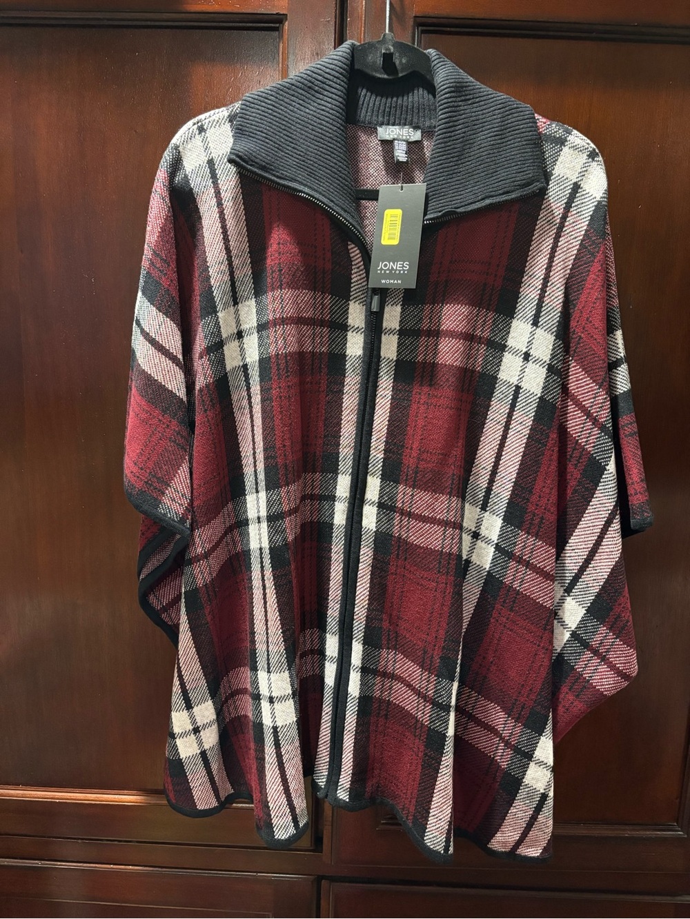 Jones New York Burgundy and Black Plaid Zip-Up Cape